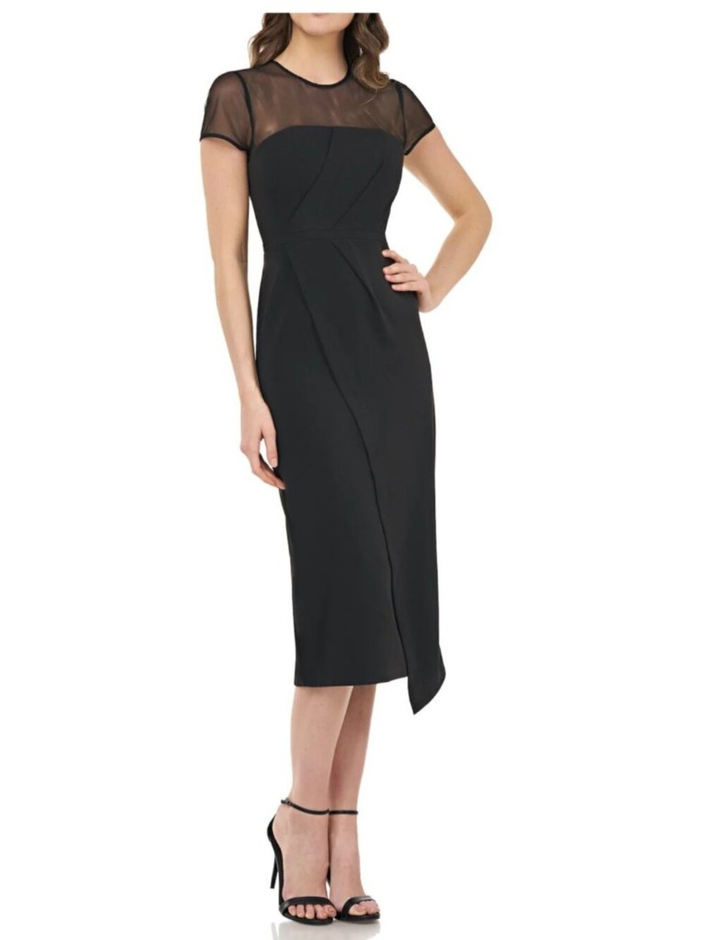 JS Collections Size 4 Black Illusion Sheath Dress Faux Wrap Asymetrical NEW